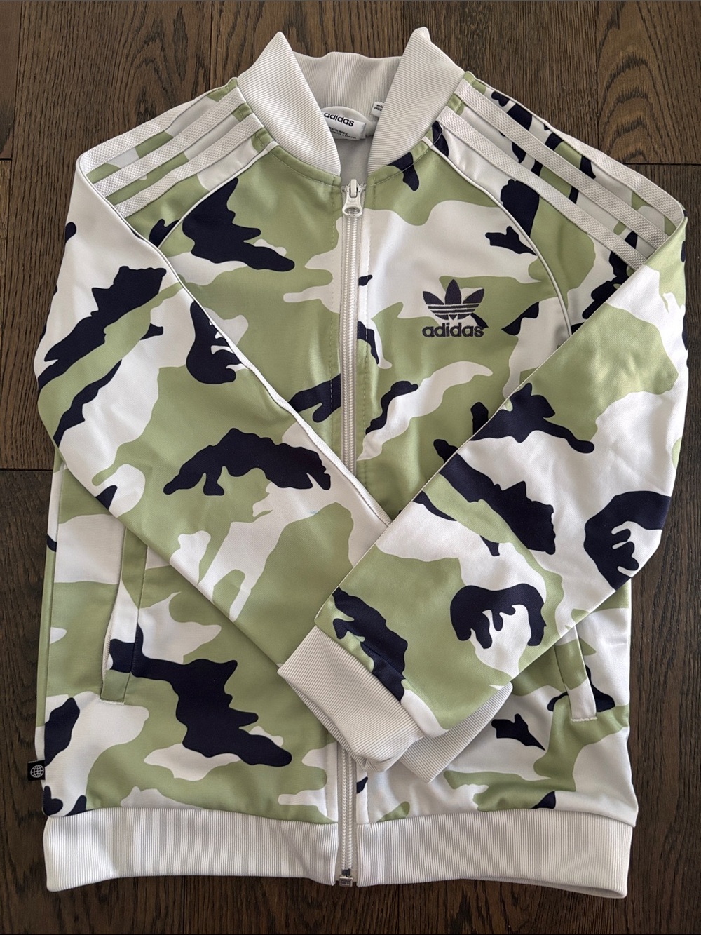 Adidas White, Black and Green Camo Classic Trefoil Zip Track Jacket (sz 7/8)